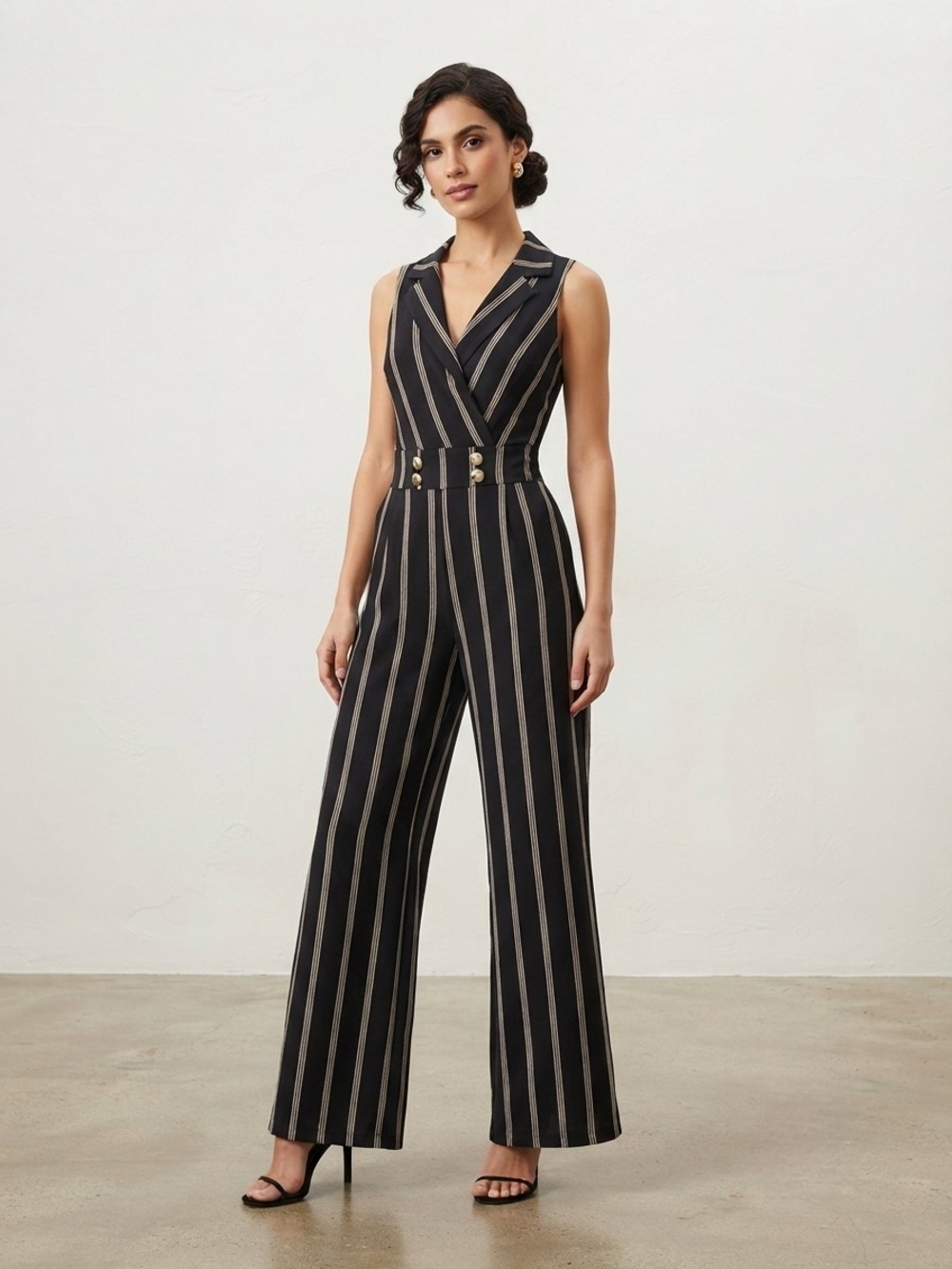 Black & Beige Striped Sleeveless Wide-Leg Jumpsuit with Gold Buttons Size S